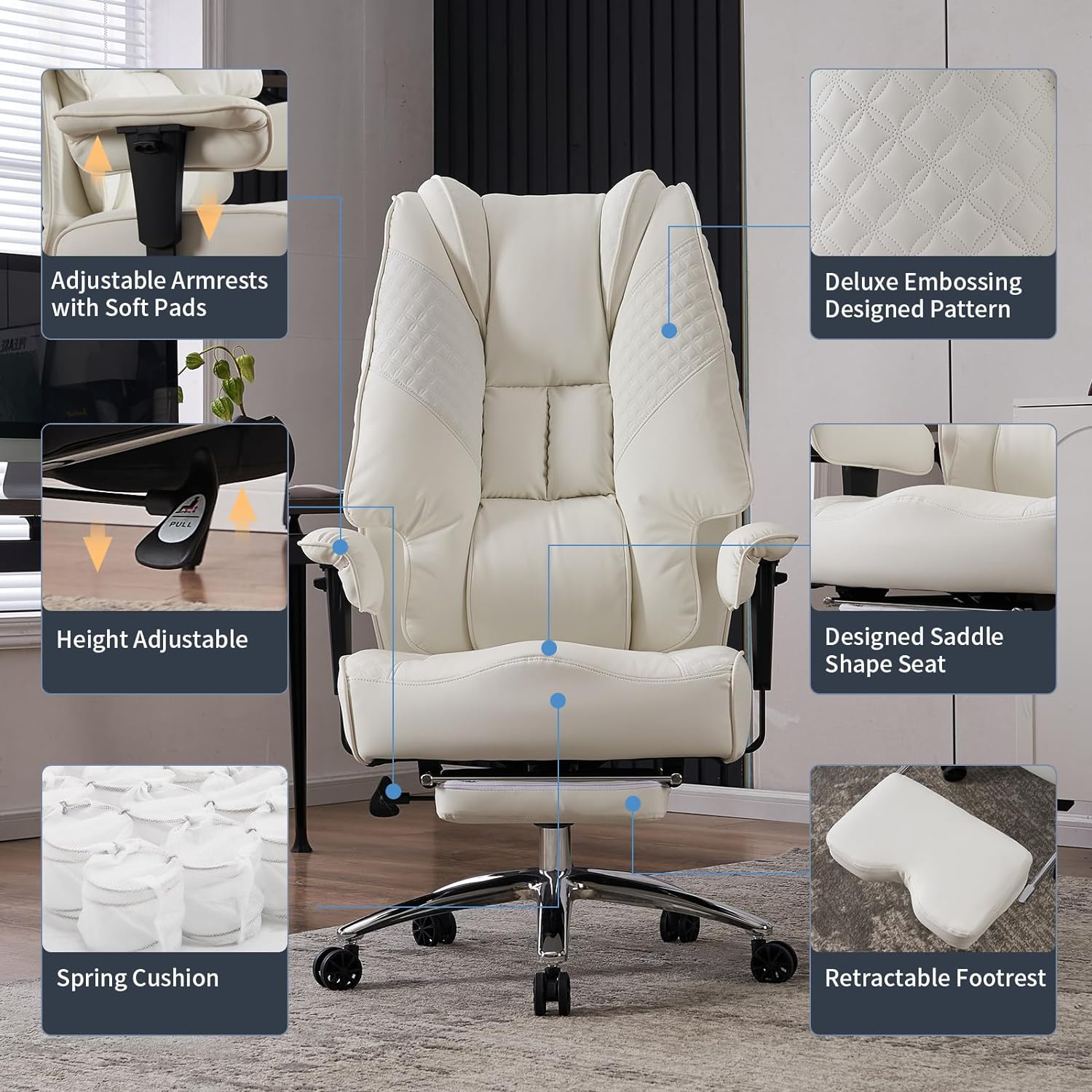 Silla de Oficina Alta y Ancha para 400 lbs, Silla Ejecutiva de Cuero con Respaldo Alto y Reposapiés, Silla Ergonómica con Soporte Lumbar para Aliviar el Dolor de Espalda Baja (Beige)