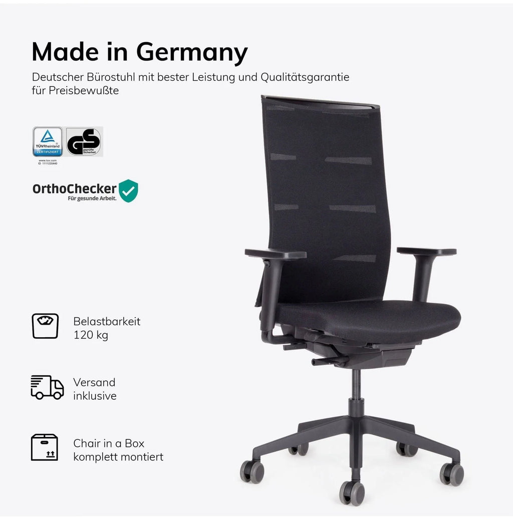 2025 Silla de Oficina Ergonómica lento Agilis MT12 con Base de Patas en Cruz Negra – Garantía de 30 Años – Fabricada en Alemania
