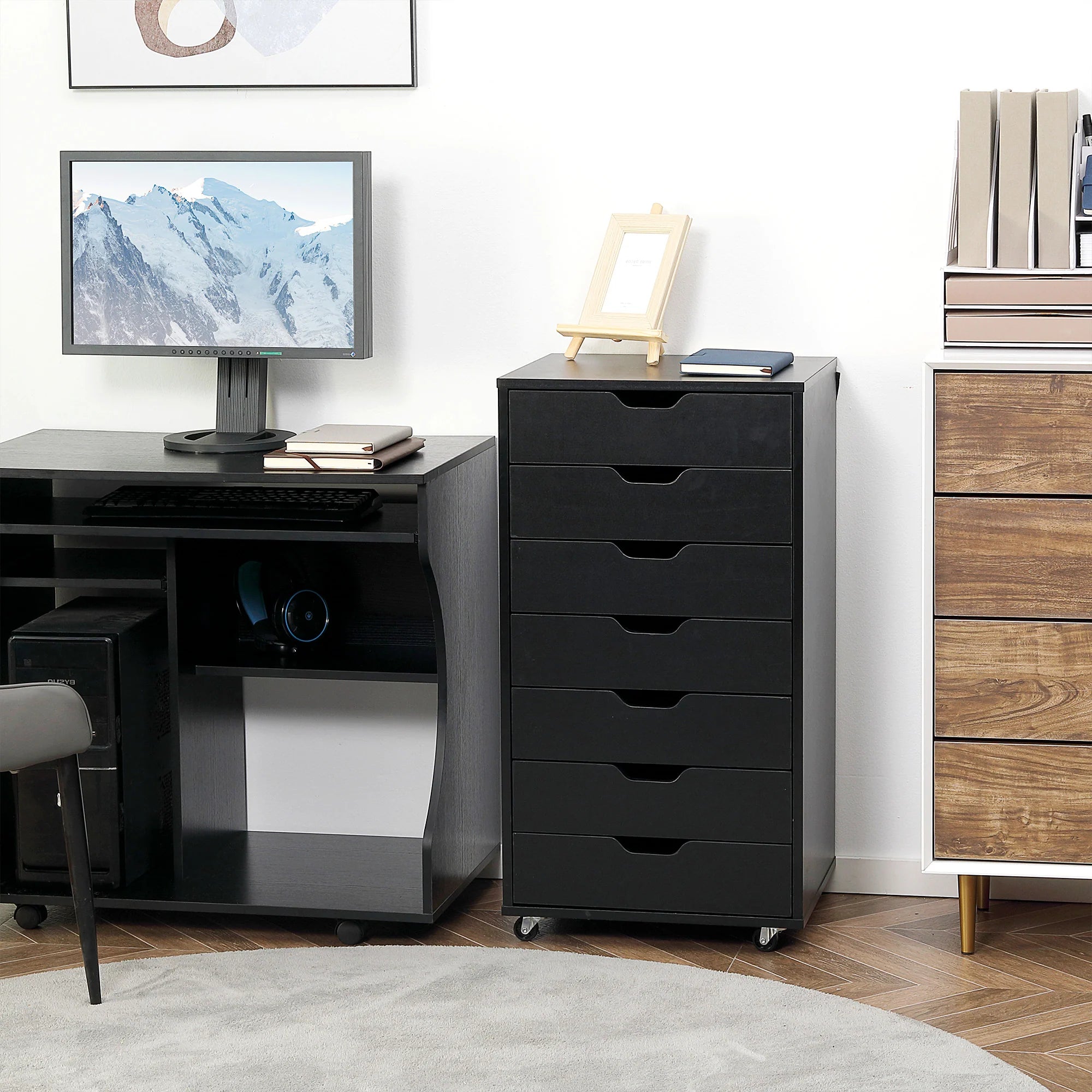 Cajonera Vertical de 7 Cajones, Mueble de Oficina Móvil con Ruedas, Negro