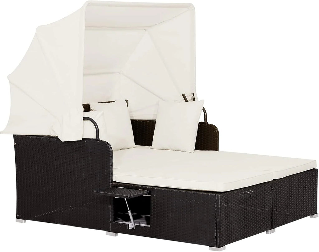 RELAX4LIFE Cama de Jardín Exterior con Dosel, Tumbona de Resina Trenzada con Cojines, 4 Almohadas y 2 Bandejas Laterales Retráctiles, Cama Lounge para 2 Personas para Piscina, Porche, Jardín, Cama de Exterior de Ratán (Turquesa)