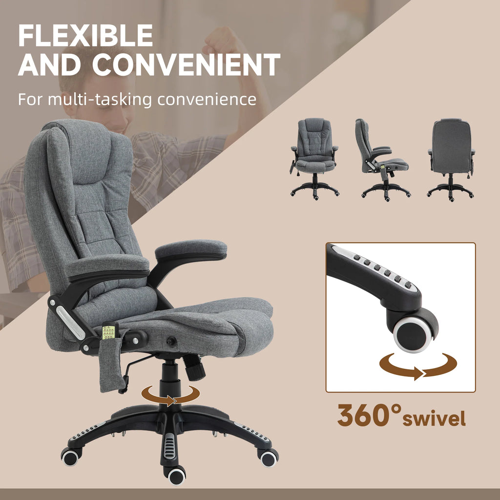 Silla de Oficina Ergonómica con Masaje de 6 Puntos y Calefacción en la Espalda, Tela Tipo Lino, Gris