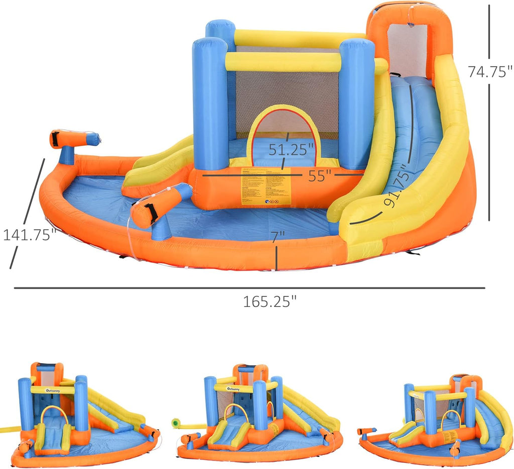 Tobogán de Agua Inflable para Niños 5 en 1 con Castillos Inflables, Piscina de Agua, Tobogán, Paredes para Escalar y 2 Cáñones de Agua, Soplador de Aire de 450W
