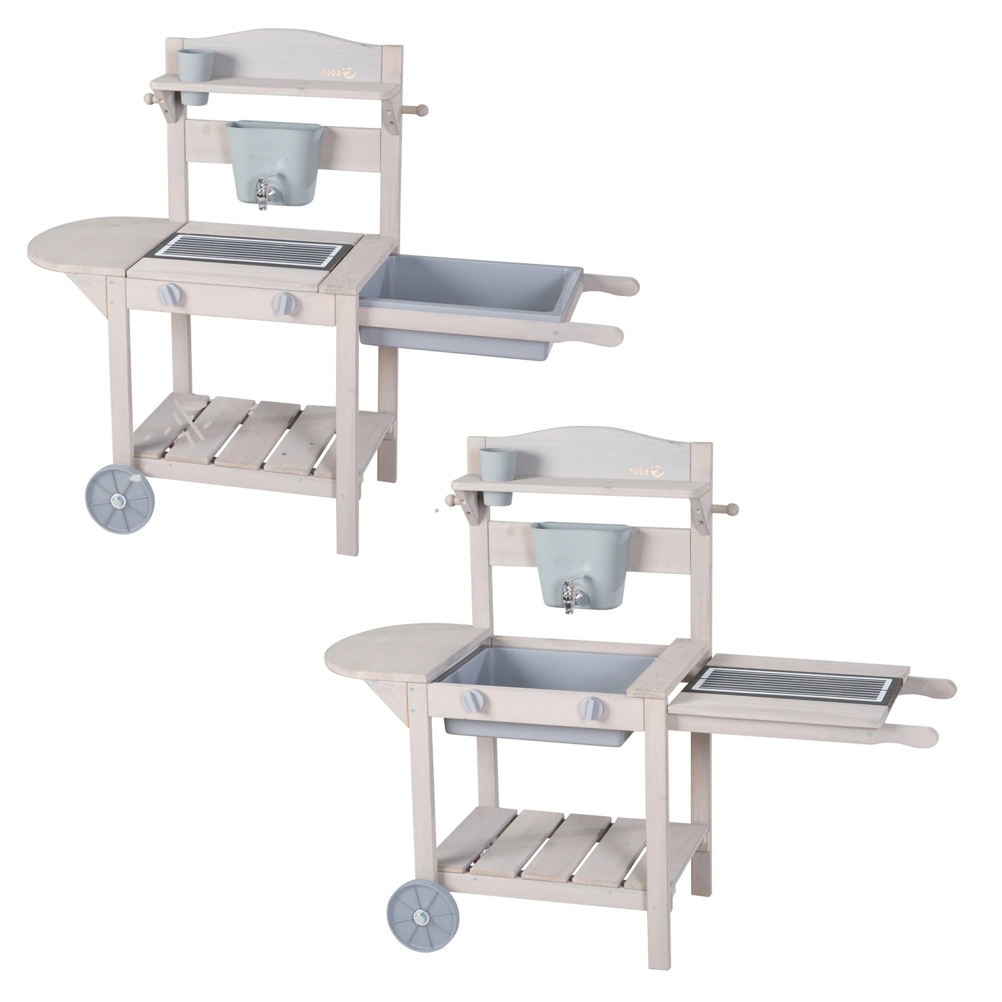 Cocina móvil de juego y barro BBQ para niños – Madera certificada FSC – Acabado en gris grabado