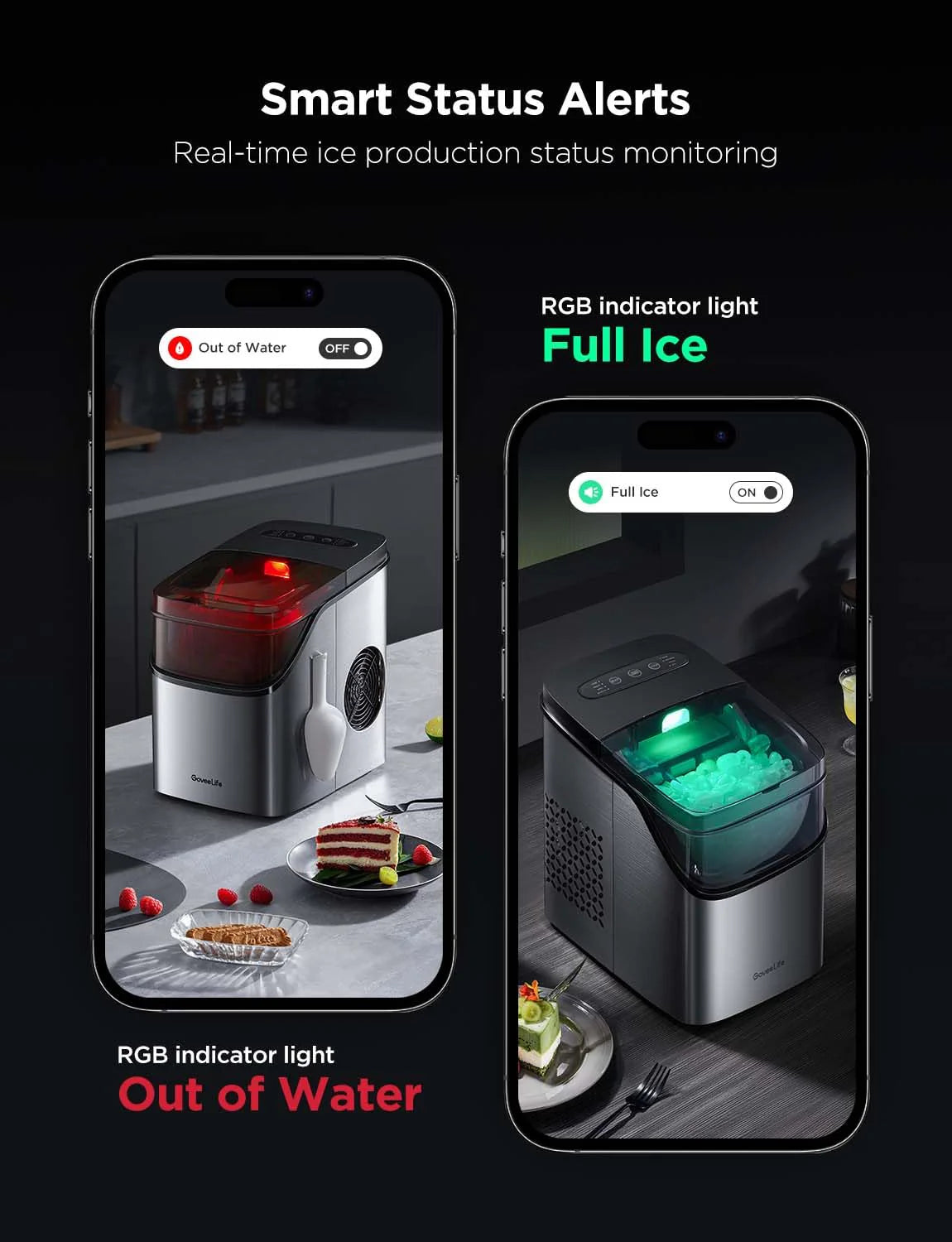 2025 GoveeLife Máquina de Hielo Inteligente con Control por Voz – 9 Cubos en 6 Minutos, 3 Tamaños, 12 kg/24h, Autolimpiante, Iluminación RGB, Silenciosa, con Pala – Negra