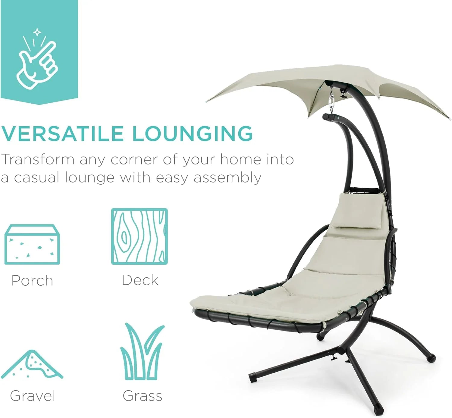 Chaise Longue Suspendue de Exterior Best Choice Products – Silla Balancín Curvada de Acero con Cojín Integrado y Toldo Desmontable – Gris Carbón