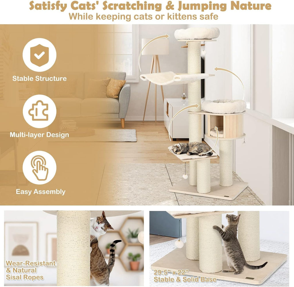 Árbol para Gatos Grande, Torre de Múltiples Niveles con Poste de Sisal, Hamaca, Cesta Colgante y Alfombrillas Desmontables y Lavables, Perfecto para Gatos Grandes
