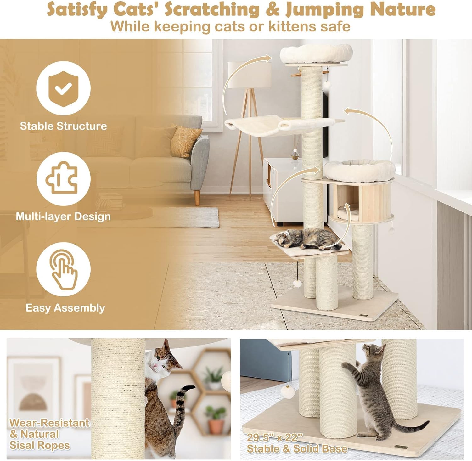 Árbol para Gatos Grande, Torre de Múltiples Niveles con Poste de Sisal, Hamaca, Cesta Colgante y Alfombrillas Desmontables y Lavables, Perfecto para Gatos Grandes