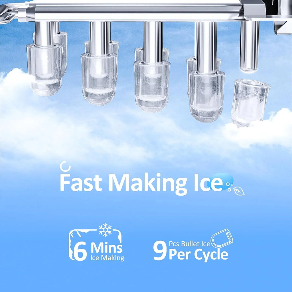 2025 Máquina de hielo tipo nugget para encimera, hielo en trozos masticables, 15 kg/24 h, autolimpiante, hielo sónico, operación con un solo botón, para cocina u oficina, acero inoxidable plateado