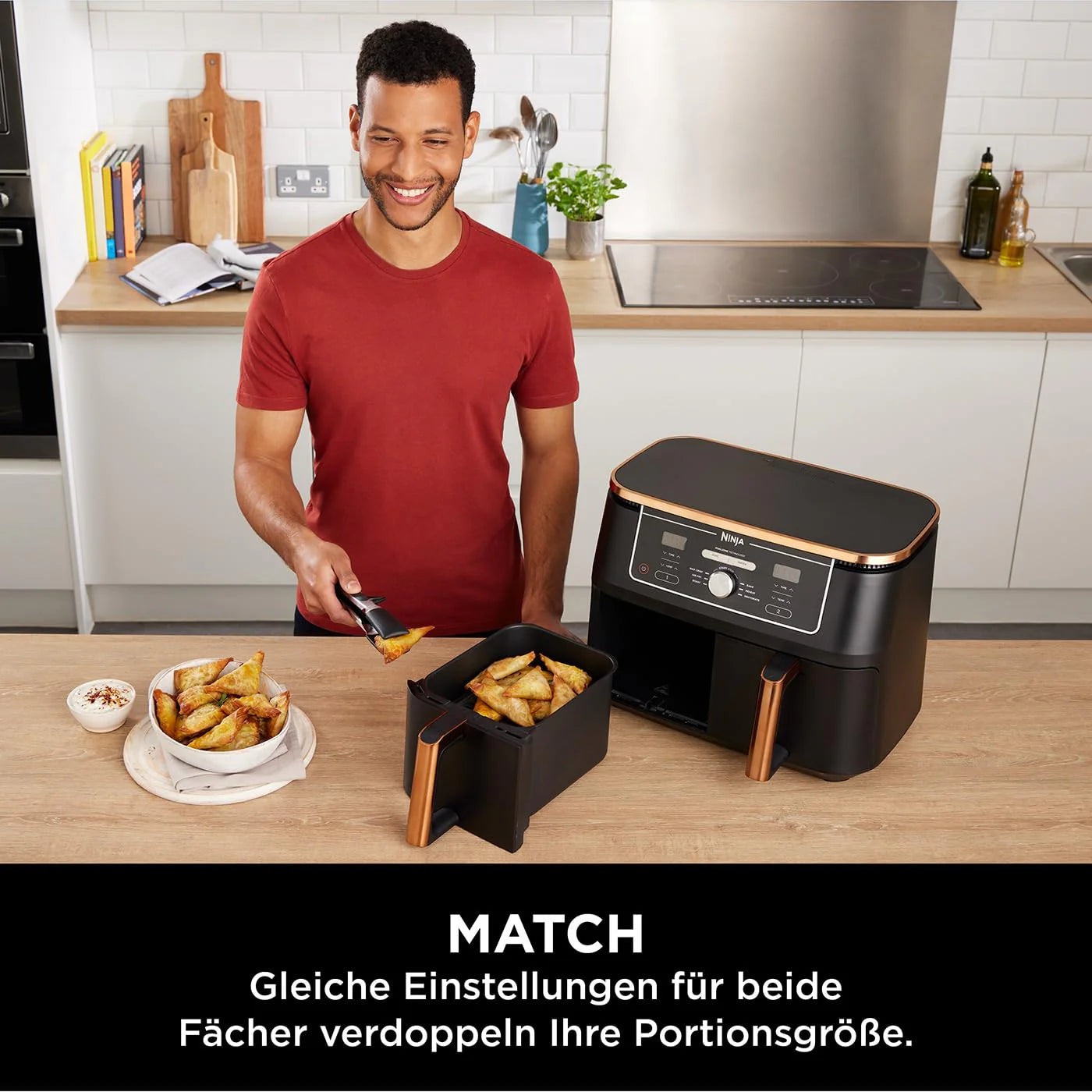 2025 Ninja Foodi MAX Freidora de Aire Doble Zona, 9,5 L, 2 Compartimentos, con Pinza, Recubrimiento Antiadherente, Cestas Aptas para Lavavajillas, 6 en 1, Exclusividad Amazon, Cobre/Negro AF400EUCP