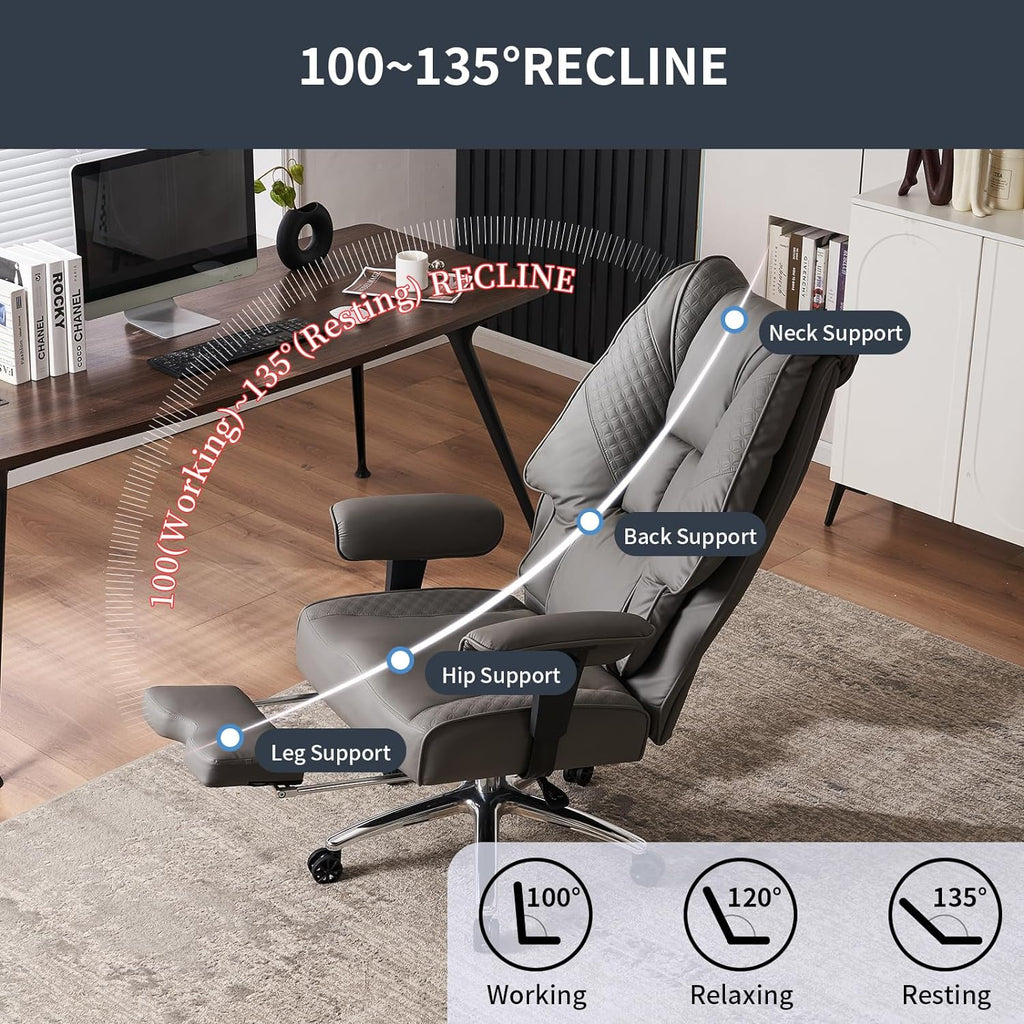 Silla de Oficina Alta y Ancha para 400 lbs, Silla Ejecutiva de Cuero con Respaldo Alto y Reposapiés, Silla Ergonómica con Soporte Lumbar para Aliviar el Dolor de Espalda Baja (Beige)