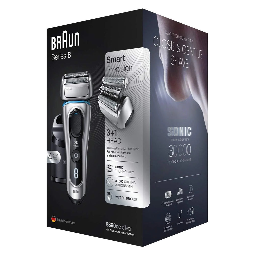 2025 Afeitadora Braun Series 8 8390cc para hombre – Afeitado en seco y húmedo, 100 % resistente al agua, plateado