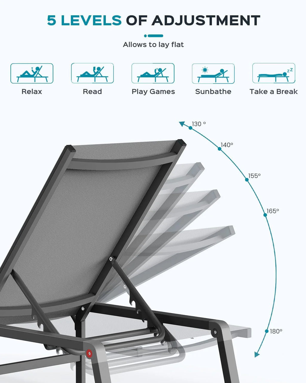 Tumbona de Aluminio para Exterior – Silla de Jardín Plegable sin Montaje, con Respaldo Ajustable en 5 Posiciones, para Terraza, Piscina, Playa – Negra