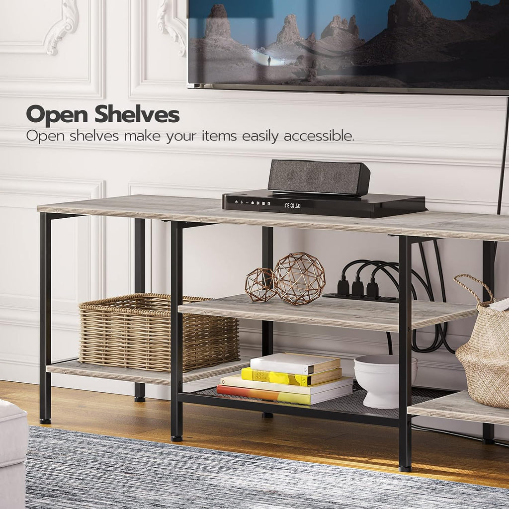 Mueble para TV con Enchufes Integrados para TVs de hasta 75 Pulgadas, Mesa Consola con Estantes Abiertos, Centro de Entretenimiento Industrial para Sala o Dormitorio, Color Marrón Rústico y Negro BF60DS01
