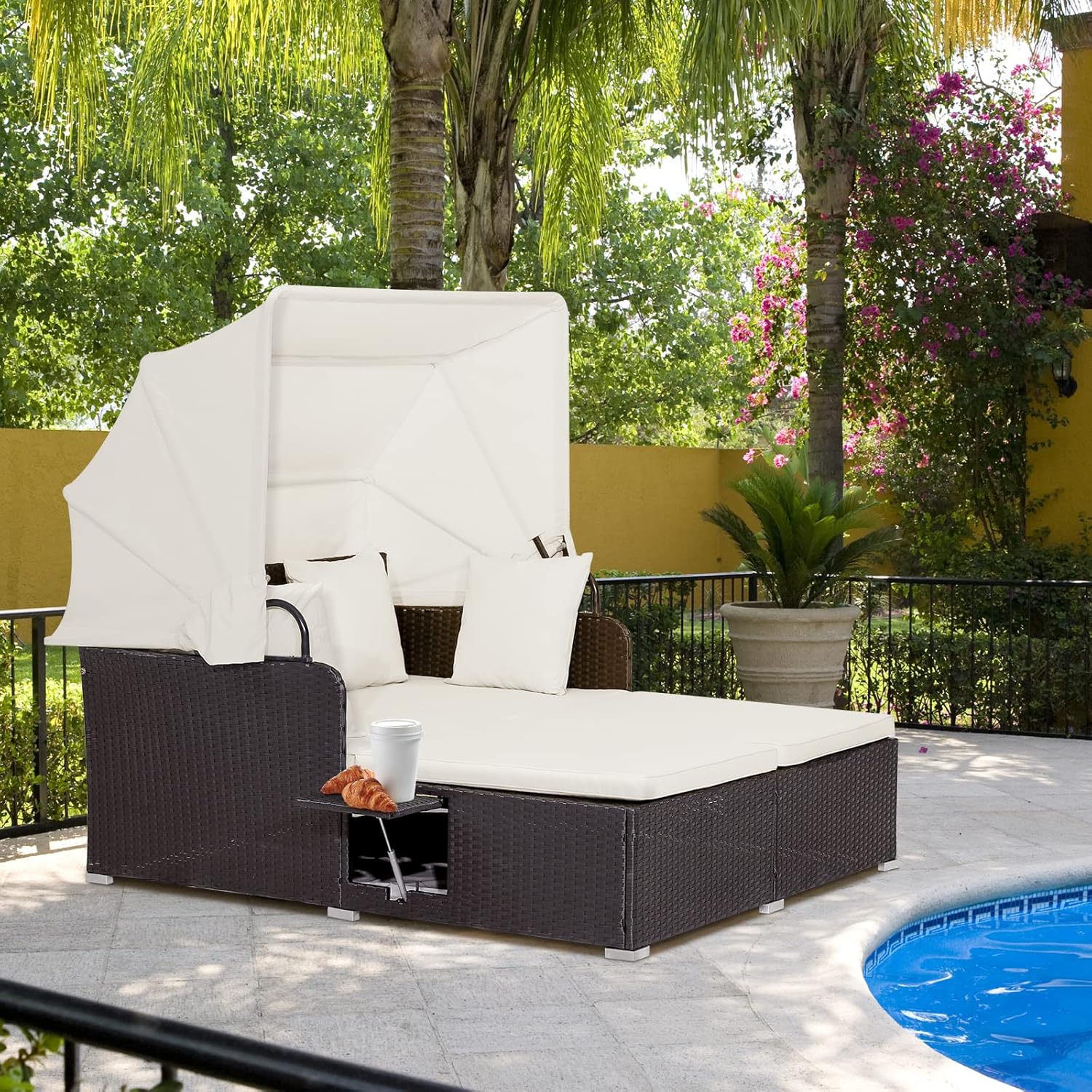 RELAX4LIFE Cama de Jardín Exterior con Dosel, Tumbona de Resina Trenzada con Cojines, 4 Almohadas y 2 Bandejas Laterales Retráctiles, Cama Lounge para 2 Personas para Piscina, Porche, Jardín, Cama de Exterior de Ratán (Turquesa)