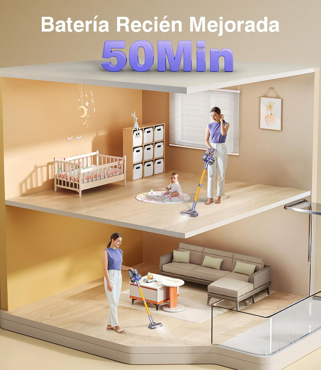 Aspiradora Inalámbrica Tdyon 40KPa/450W, Potente hasta 50 Minutos, con Pantalla Inteligente y Cepillo Antienredos, para Alfombras, Pelo de Mascotas, Suelo y Sofá [Clase de Eficiencia Energética A+++]