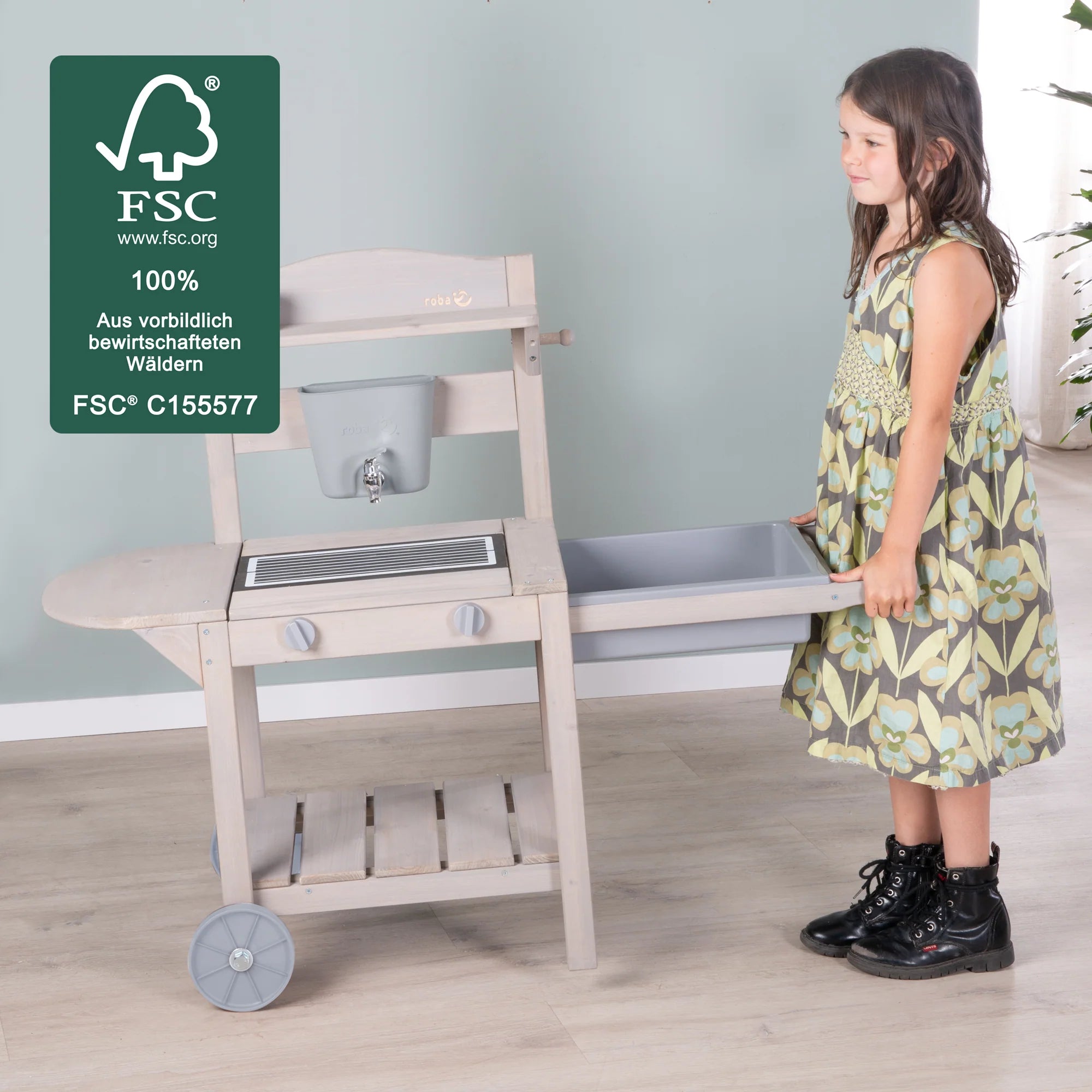 Cocina móvil de juego y barro BBQ para niños – Madera certificada FSC – Acabado en gris grabado