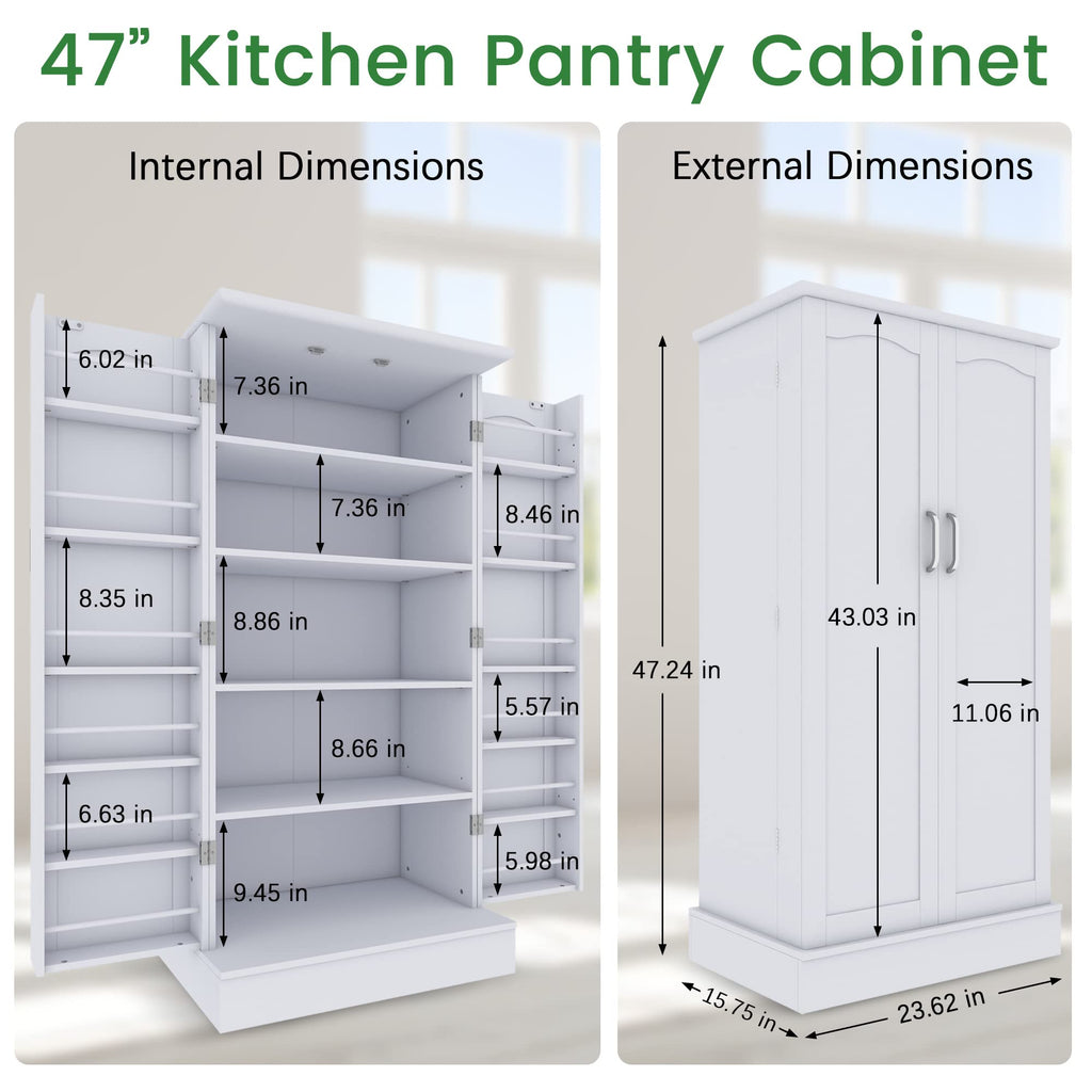 Jehiatek Alacena de Cocina de 47 pulgadas, Gabinete Blanco Independiente tipo Aparador con Puertas y Estantes Ajustables, Mueble de Almacenamiento para Cocina, Sala de Estar y Comedor
