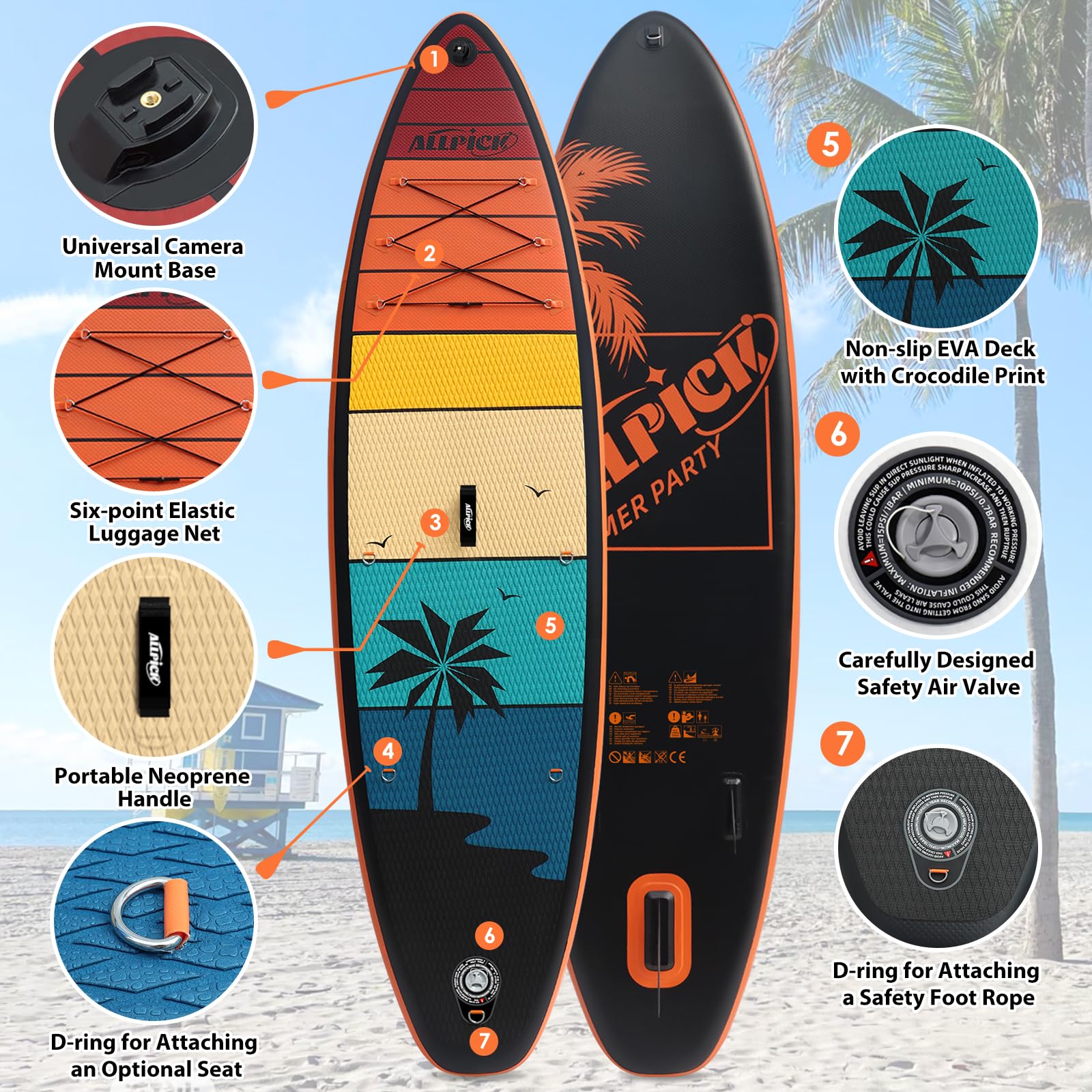 2025 Tabla de paddle surf inflable ALLPICK Premium, SUP con soporte universal para cámara, accesorios completos, remo ajustable, para principiantes y avanzados, capacidad 150kg/180kg, color Naranja Atardecer