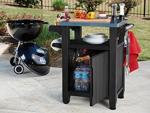 Keter Unity Mesa portátil al aire libre y gabinete de almacenamiento con ganchos para accesorios de parrilla: superficie de acero inoxidable para isla de cocina en patio o carrito de barra, color gris oscuro