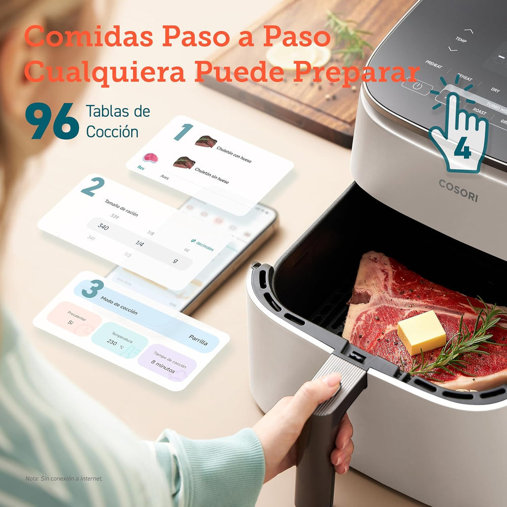 Cosori Turbo Blaze Freidora de Aire 6L, Interior Metálico Real, Motor DC Exclusivo, 46% Más Rápida, Temperatura 30°C a 230°C, Ideal para Asar Carnes, Programas Completo de Cocina, Silenciosa 27dB