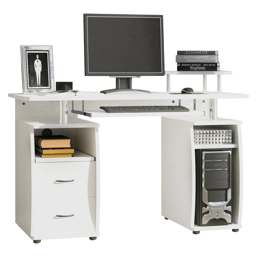 Escritorio de Ordenador para Oficina – Mesa de PC con Cajón para Teclado, Estante Deslizante para Escáner, Blanco