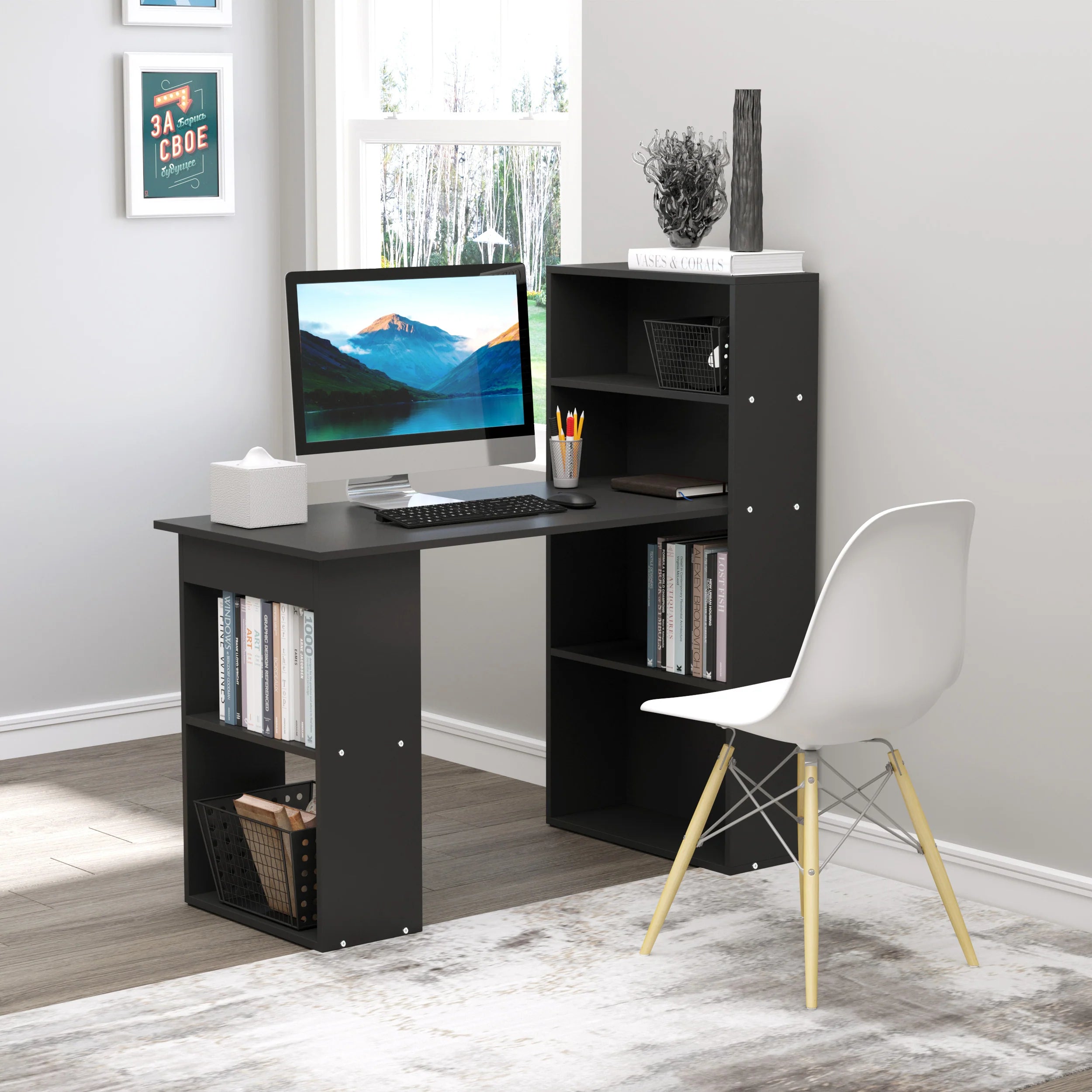 Escritorio de Ordenador Moderno de 120 cm con Estantería, Mesa de Estudio y Estación de Trabajo con 6 Estantes, Negro