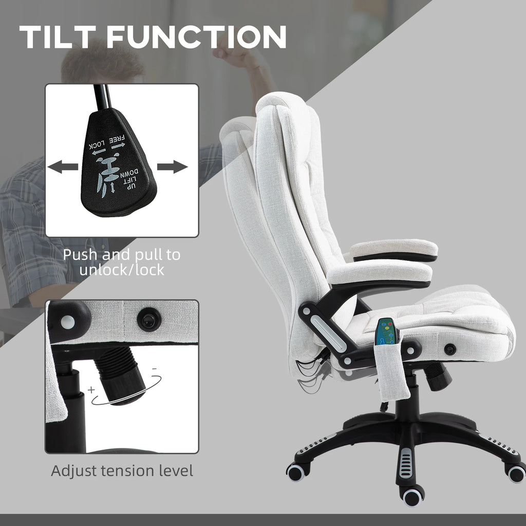 Silla de Oficina Ergonómica con Masaje de 6 Puntos y Calefacción en la Espalda, Tela Tipo Lino, Blanco Crema