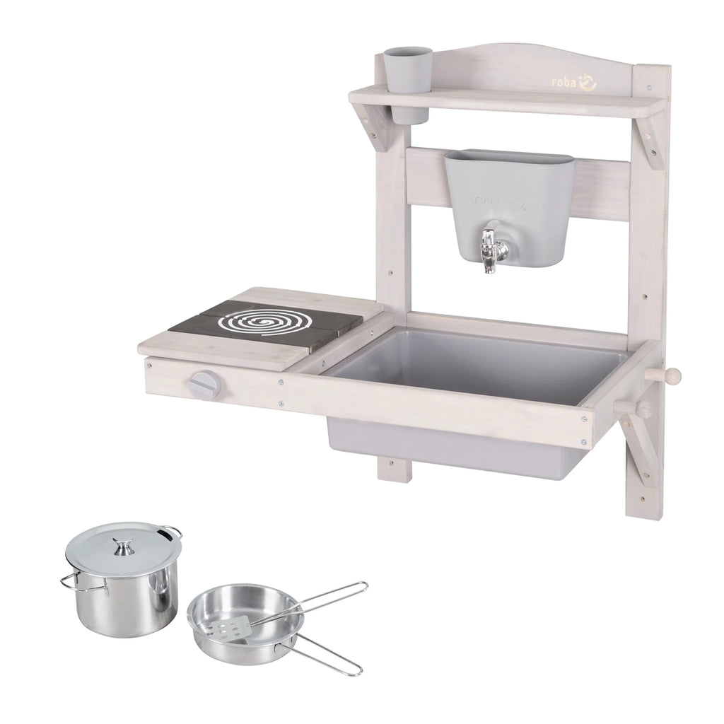Cocina colgante de juego y barro con accesorios – Madera certificada FSC – Acabado en gris grabado
