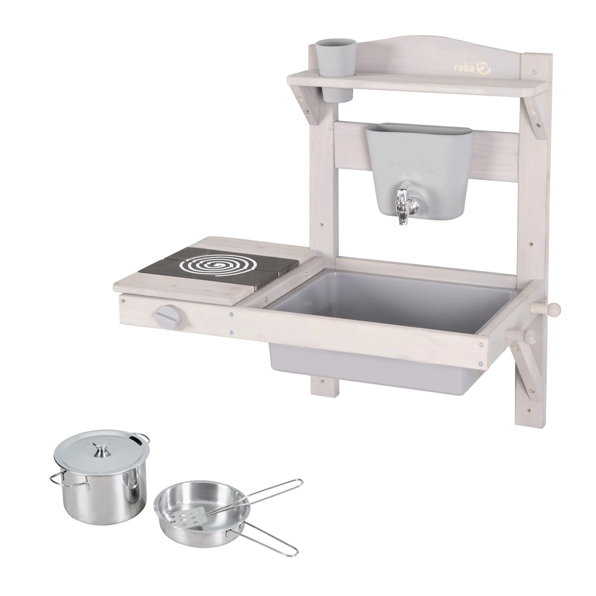 Cocina colgante de juego y barro con accesorios – Madera certificada FSC – Acabado en gris grabado