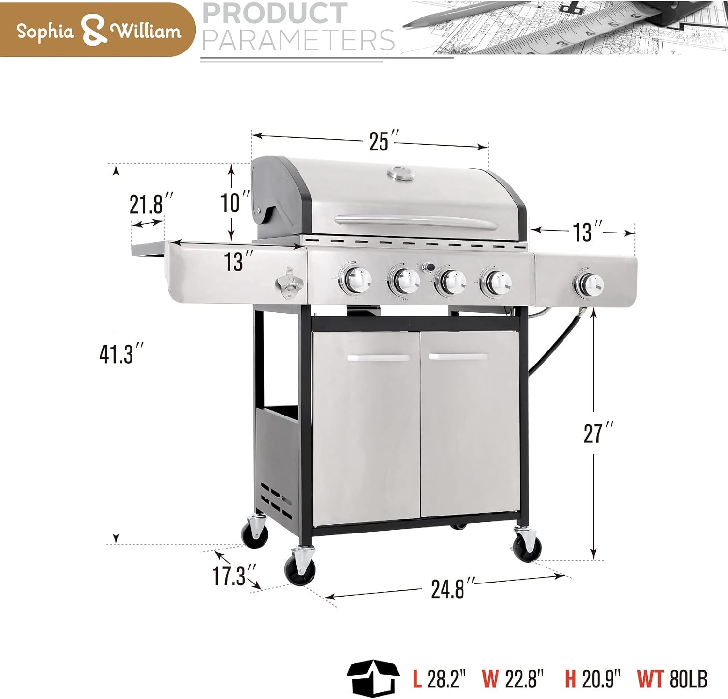 2025 Parrilla a Gas con Quemador Lateral y Parrilla de Hierro Fundido Esmalte Porcelánico 42,000 BTU, Parrilla Portátil de Acero Inoxidable, Propano