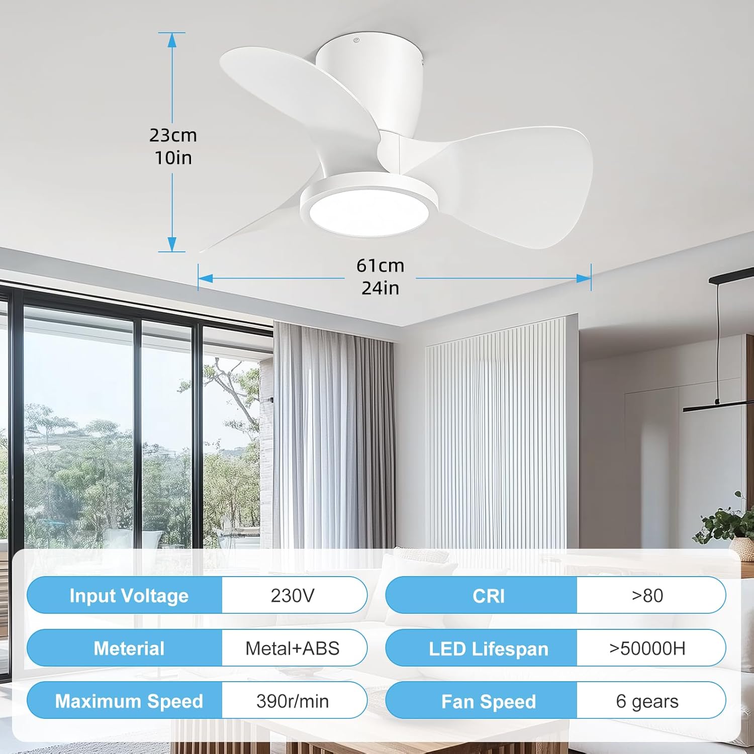 Ventilador de techo con luz Ateroll, Ø61 cm, LED regulable 3CCT (3000K-4000K-5000K), 1500LM, con control remoto, 6 velocidades, temporizador, ideal para sala y dormitorio