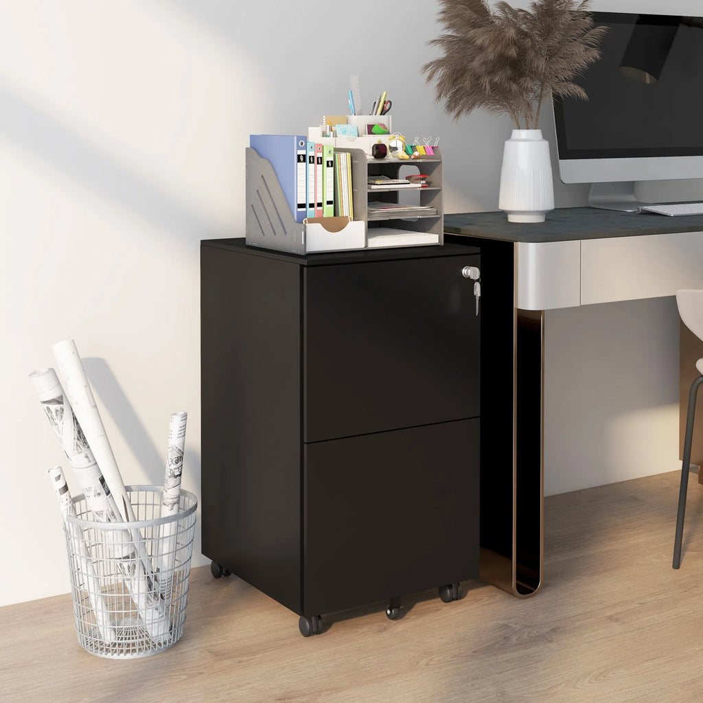Archivador Móvil de Acero con 2 Cajones y Cerradura, Mueble de Oficina para Debajo del Escritorio, Negro