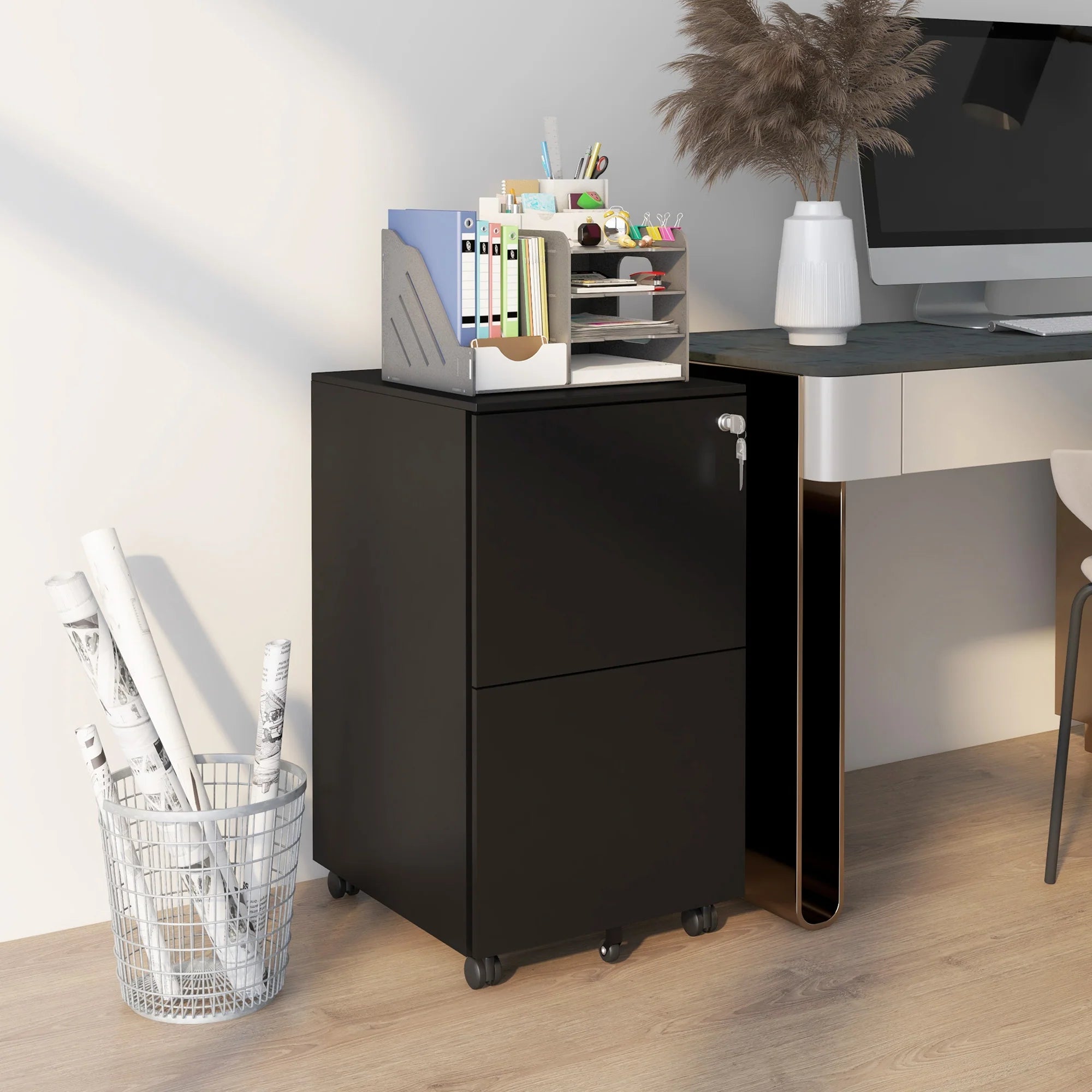 Archivador Móvil de Acero con 2 Cajones y Cerradura, Mueble de Oficina para Debajo del Escritorio, Negro