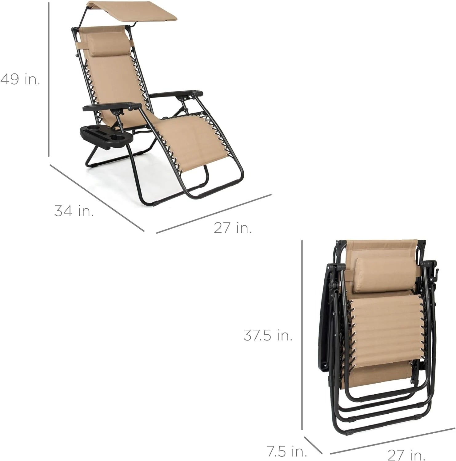 Best Choice Products – Silla Reclinable de Patio con Gravedad Cero, Ajustable y Plegable para Exteriores con Dosel, Almohada Cervical y Bandeja Lateral, Textileno – Azul Pavo Real