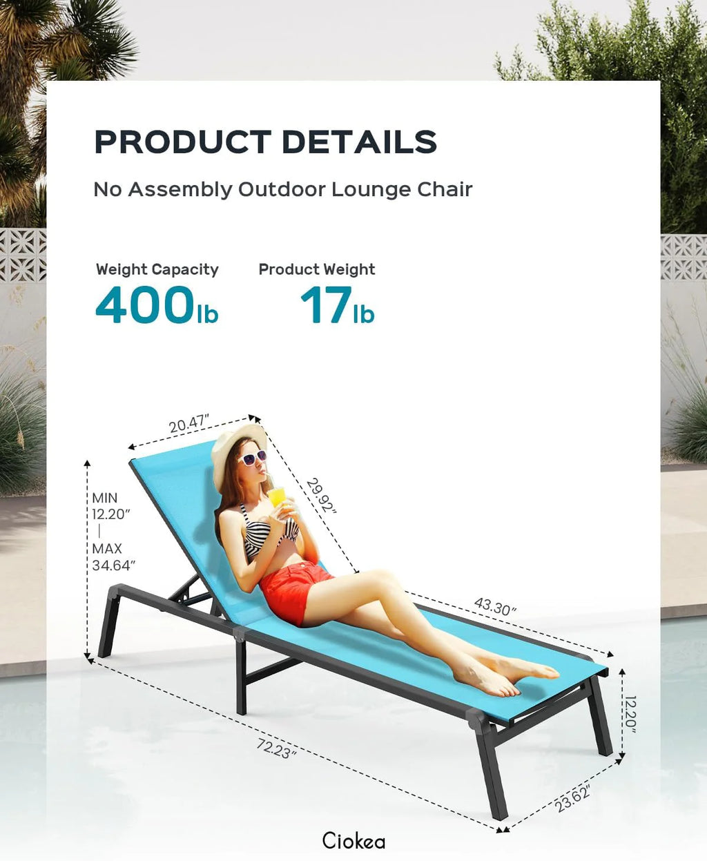 Tumbona de Aluminio para Exterior – Silla de Jardín Plegable sin Montaje, con Respaldo Ajustable en 5 Posiciones, para Terraza, Piscina, Playa – Negra