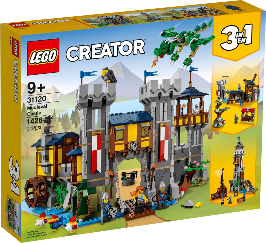 LEGO Creator 3 en 1 Castillo Medieval, se transforma de castillo a torre y a mercado, incluye figura de esqueleto y dragón, con 3 minifiguras y catapulta, 31120