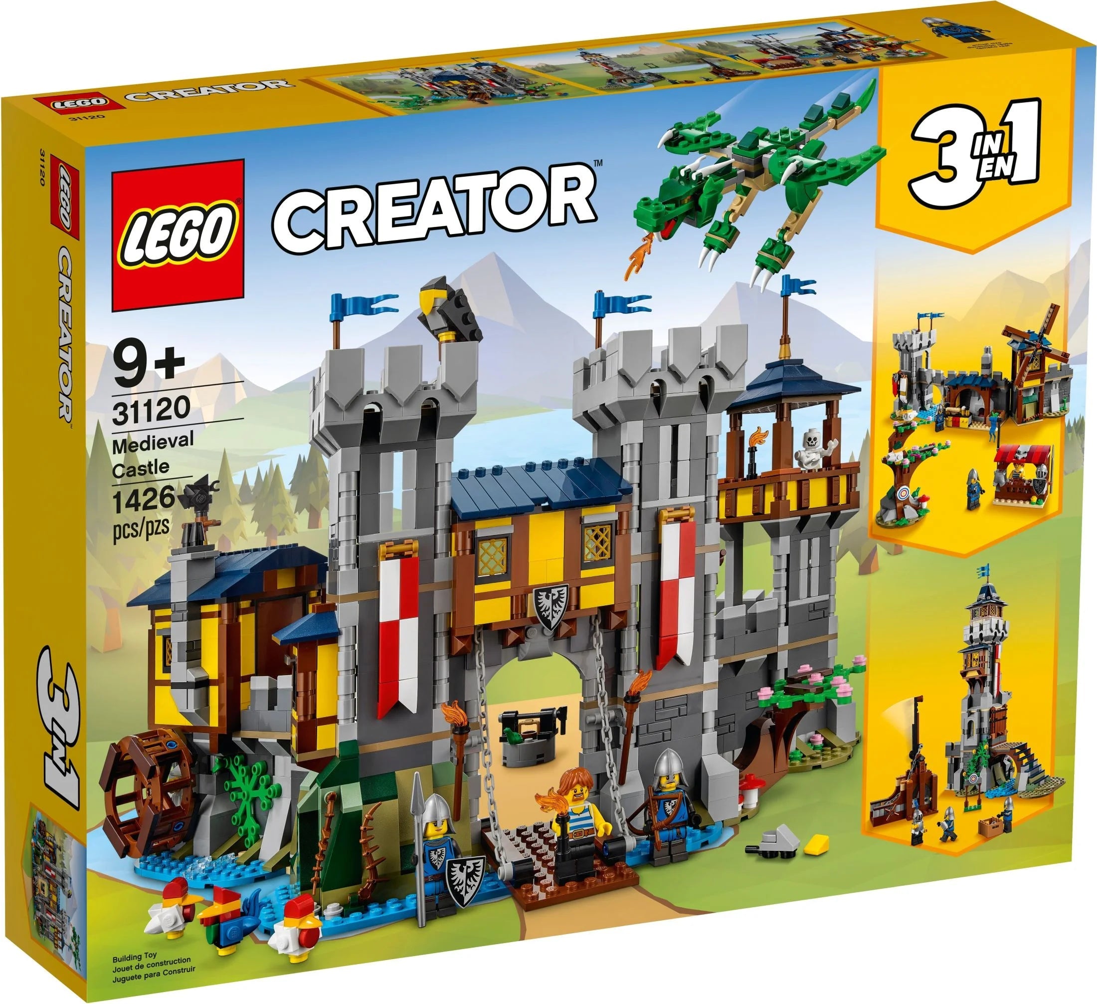 LEGO Creator 3 en 1 Castillo Medieval, se transforma de castillo a torre y a mercado, incluye figura de esqueleto y dragón, con 3 minifiguras y catapulta, 31120