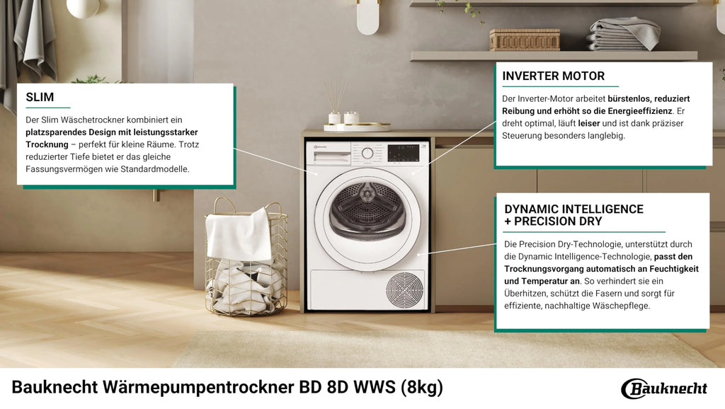 2025 Bauknecht BD 8D WWS Secadora con bomba de calor / 8 kg / Clase energética A++ / Precision Dry – secado inteligente / Motor inverter / Slim – profundidad extra compacta de solo 46 cm / Iluminación del tambor