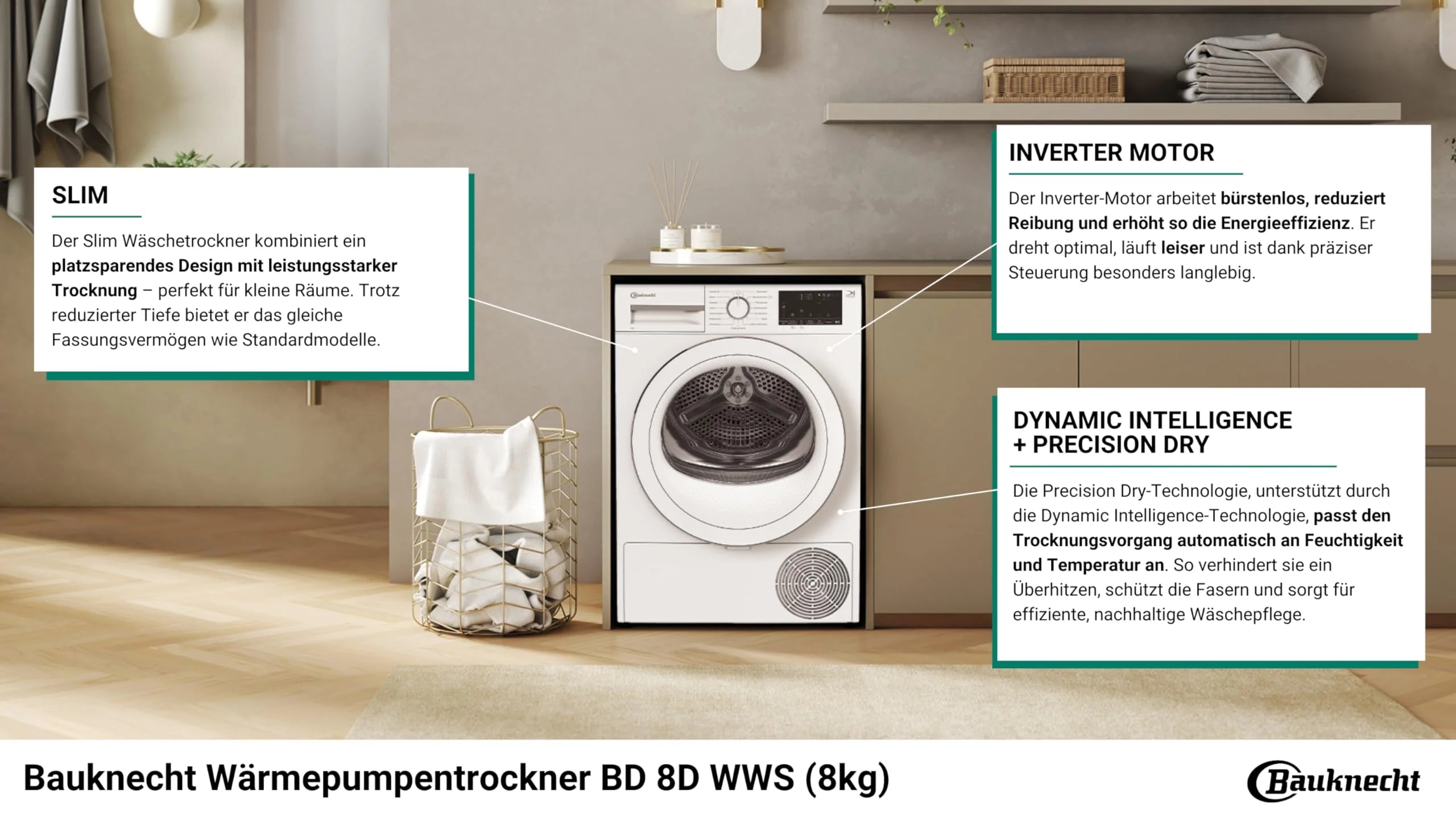 2025 Bauknecht BD 8D WWS Secadora con bomba de calor / 8 kg / Clase energética A++ / Precision Dry – secado inteligente / Motor inverter / Slim – profundidad extra compacta de solo 46 cm / Iluminación del tambor