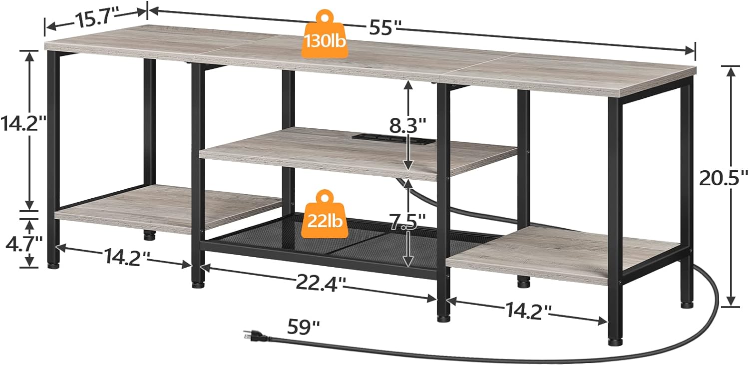Mueble para TV con Enchufes Integrados para TVs de hasta 75 Pulgadas, Mesa Consola con Estantes Abiertos, Centro de Entretenimiento Industrial para Sala o Dormitorio, Color Marrón Rústico y Negro BF60DS01