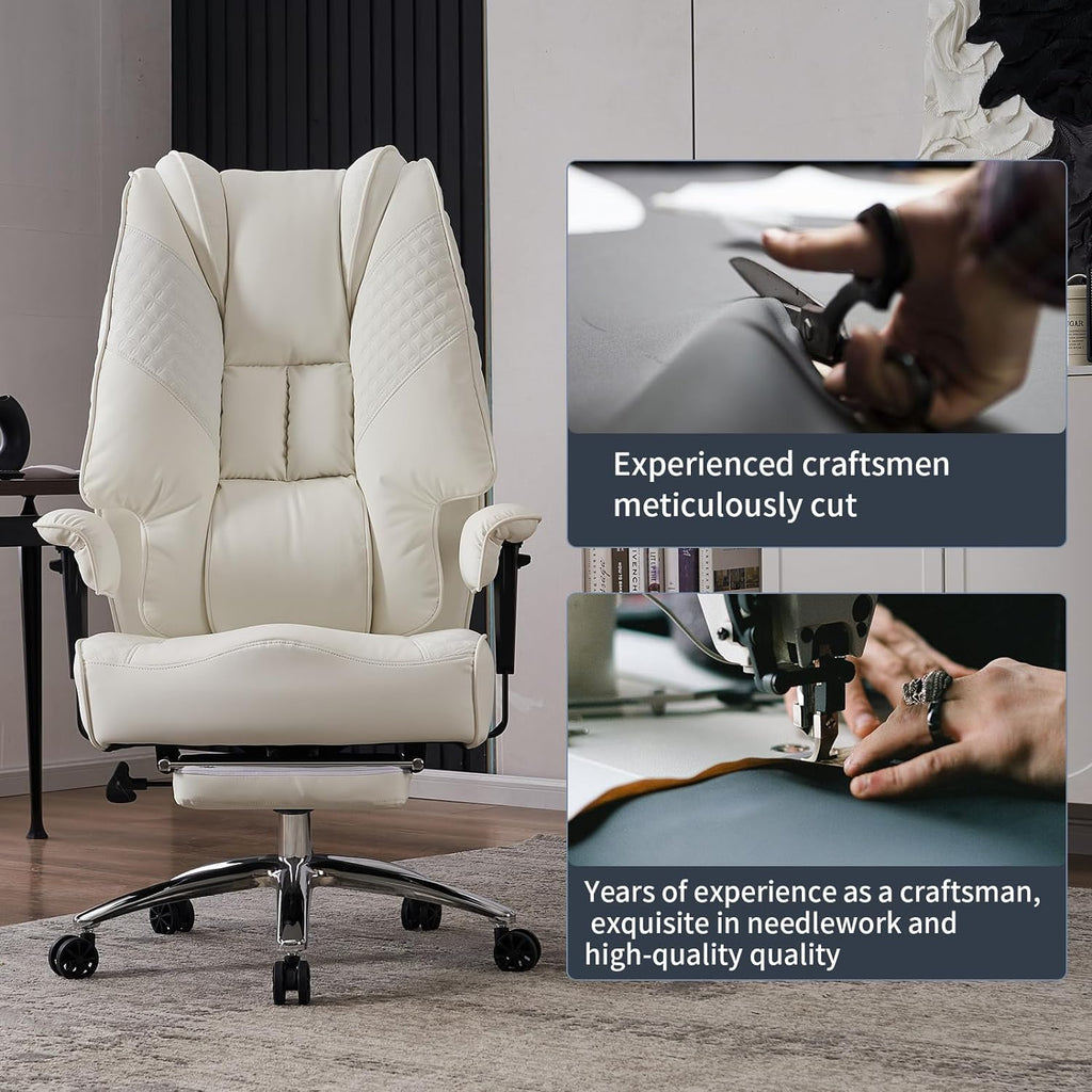 Silla de Oficina Alta y Ancha para 400 lbs, Silla Ejecutiva de Cuero con Respaldo Alto y Reposapiés, Silla Ergonómica con Soporte Lumbar para Aliviar el Dolor de Espalda Baja (Beige)