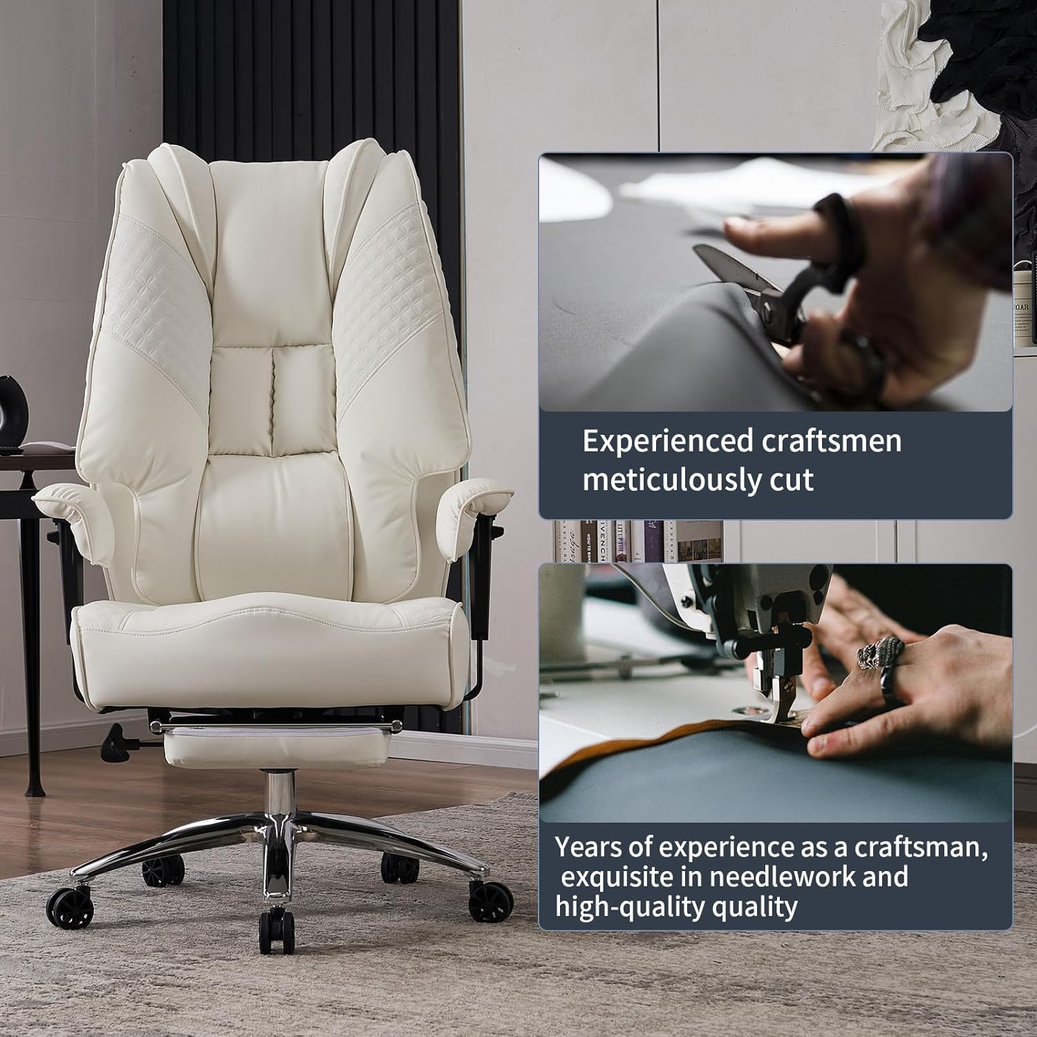 Silla de Oficina Alta y Ancha para 400 lbs, Silla Ejecutiva de Cuero con Respaldo Alto y Reposapiés, Silla Ergonómica con Soporte Lumbar para Aliviar el Dolor de Espalda Baja (Beige)