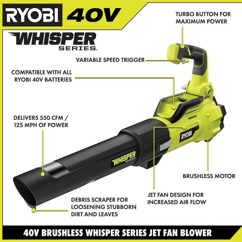Soplador a Batería Inalámbrico RYOBI Whisper Series 40V Brushless con Motor Sin Escobillas, Velocidad de 125 MPH y Flujo de Aire de 550 CFM, con Batería de 4.0 Ah y Cargador RY40470