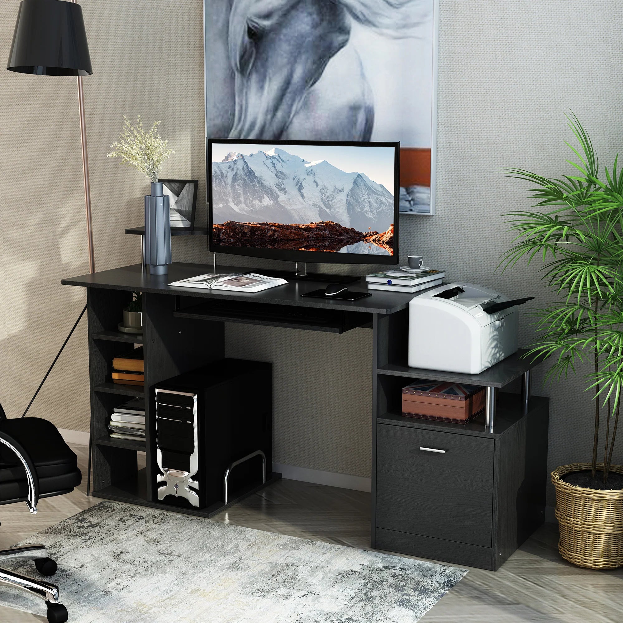 Estación de Trabajo para Ordenador con Cajón y Estanterías, Soporte para CPU, Escritorio para Oficina en Casa, Negro
