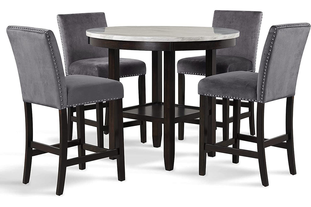 2025 New Classic Furniture Celeste Set de Comedor de 5 Piezas con Mesa Redonda de Mármol Sintético y 4 Sillas, 42 Pulgadas, Gris