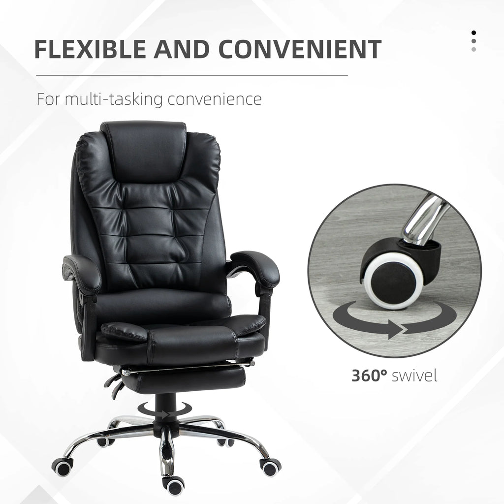 Silla de Oficina Ejecutiva, Sillón de Cuero PU con Respaldo Reclinable y Reposapiés, Negro