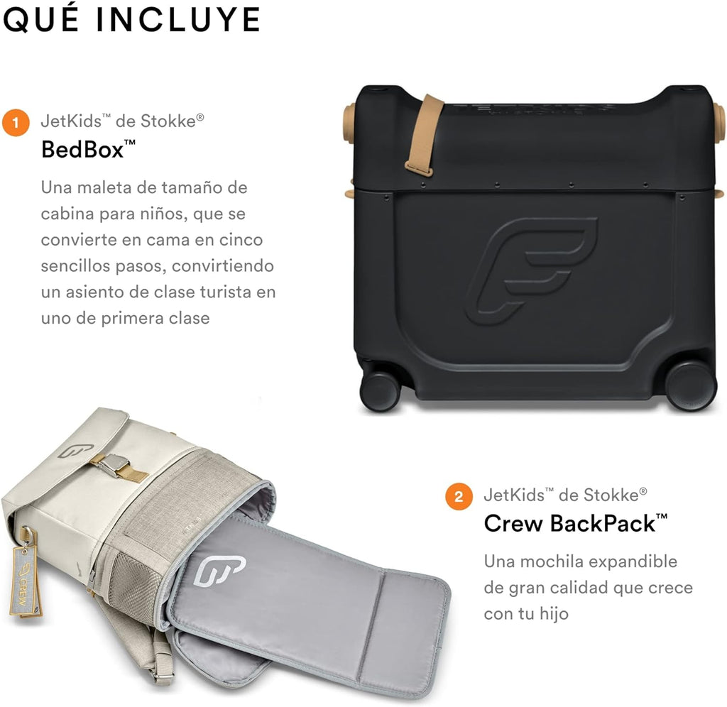 JetKids by Stokke Travel Bundle – Incluye maleta infantil para montar con cama de vuelo + mochila Crew – Ideal para edades de 3 a 7 años