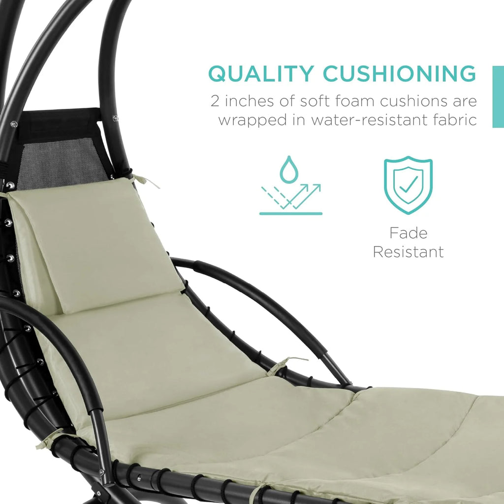 Chaise Longue Suspendue de Exterior Best Choice Products – Silla Balancín Curvada de Acero con Cojín Integrado y Toldo Desmontable – Gris Carbón