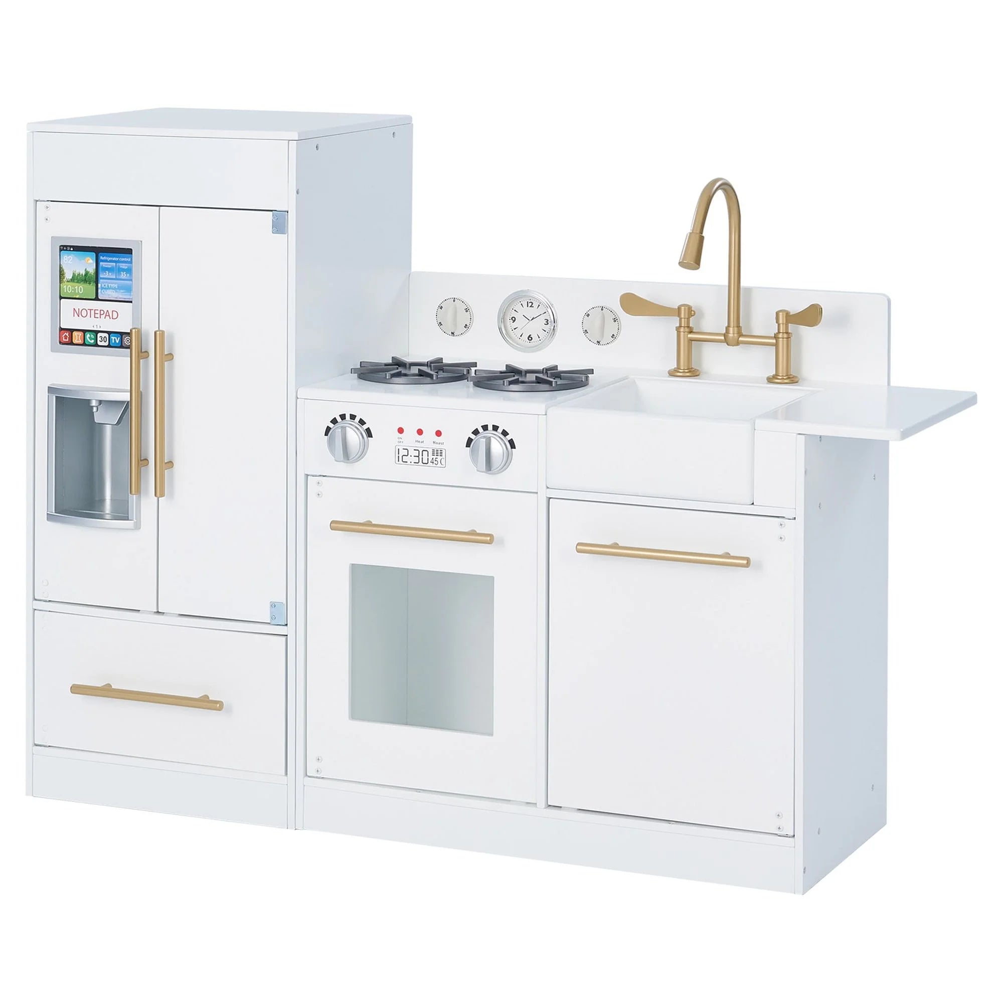 2025 Cocina Moderna para Niños Teamson Little Chef Charlotte con Refrigerador Independiente, Unidad de Cocina Separada y Características Interactivas, Blanca/Dorada