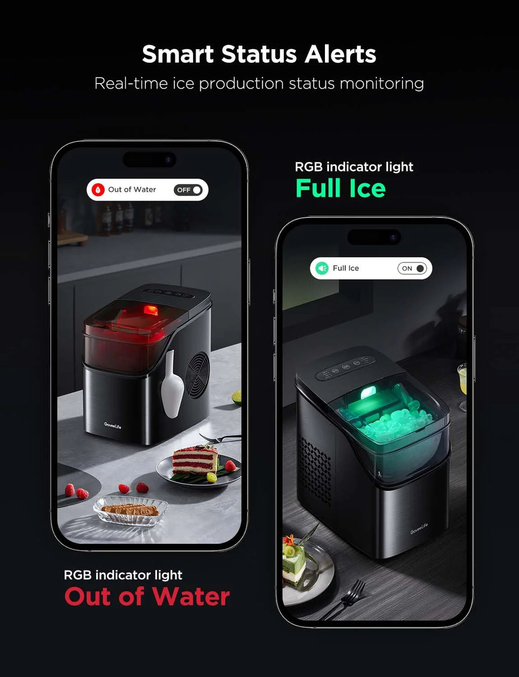 2025 GoveeLife Máquina de Hielo Inteligente con Control por Voz – 9 Cubos en 6 Minutos, 3 Tamaños, 12 kg/24h, Autolimpiante, Iluminación RGB, Silenciosa, con Pala – Negra